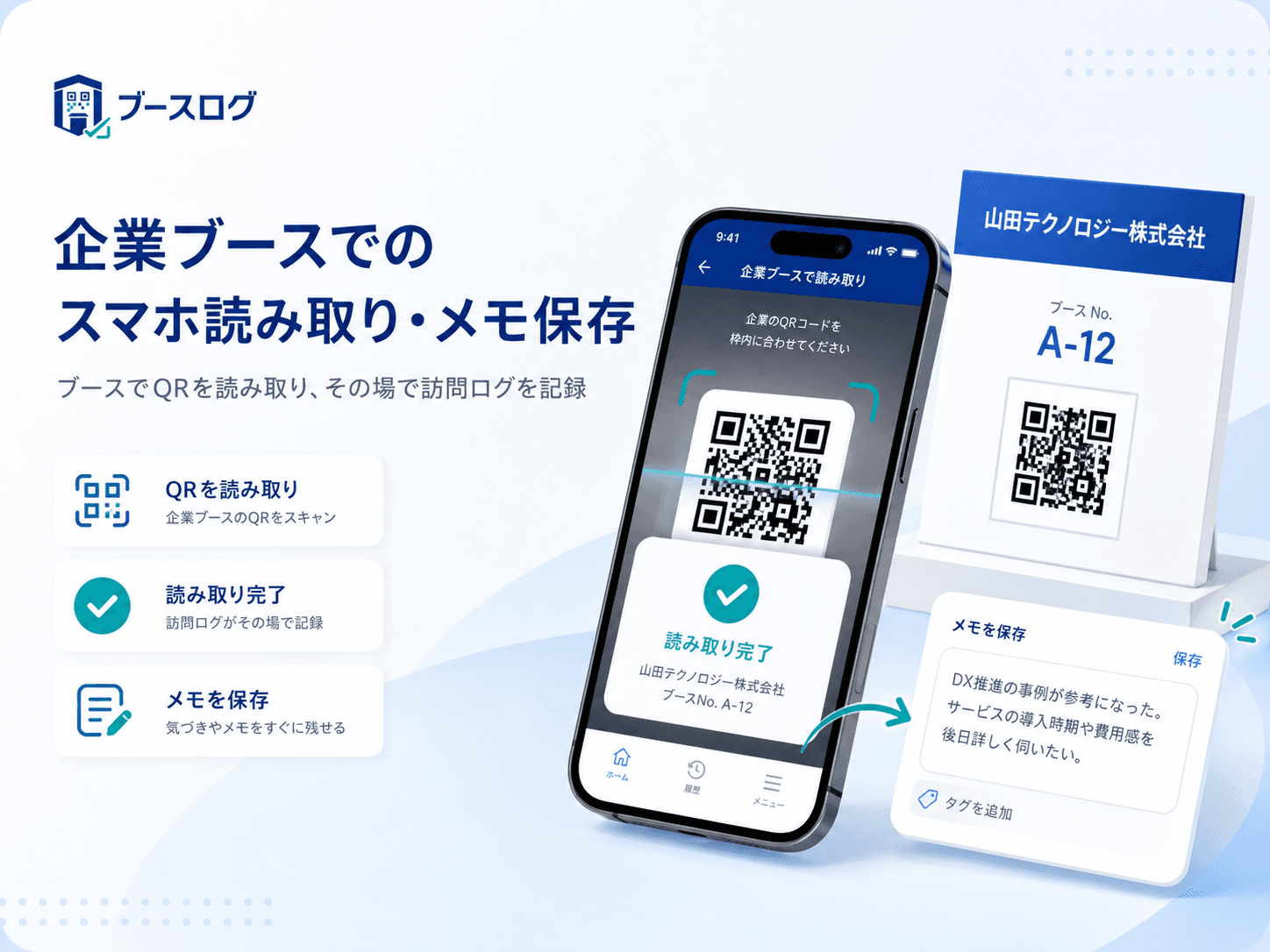 企業ブースでのスマホ読み取りとメモ保存のイメージ